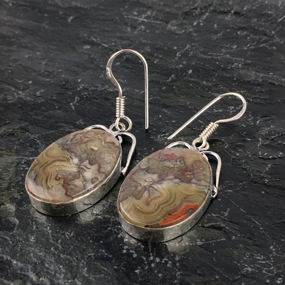 Crazy Lace Agate Stone Hook Dangle Earrings - Picture 9 of 10